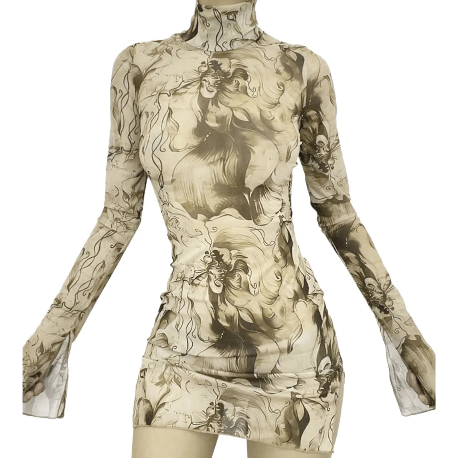 Mesh Printed Vintage Bodycon Dress
