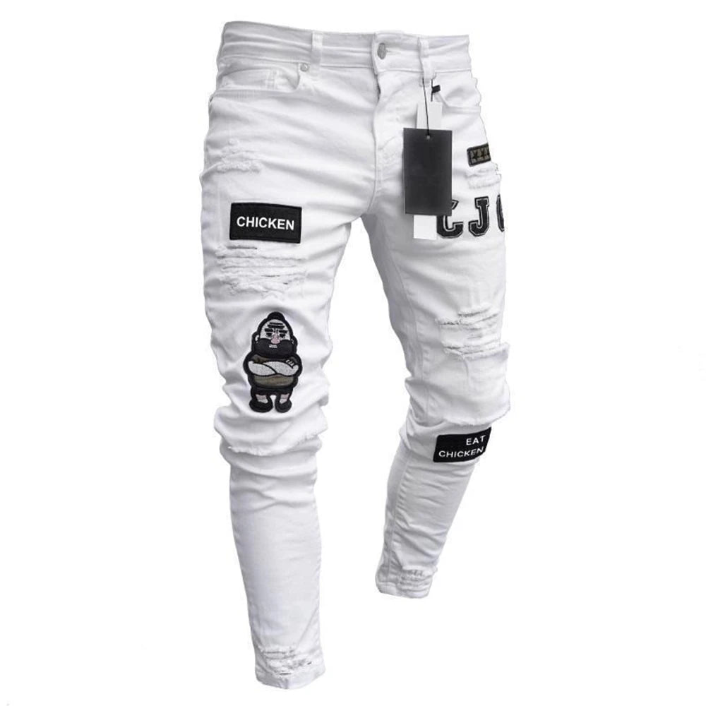 White Embroidery Skinny Ripped Jeans