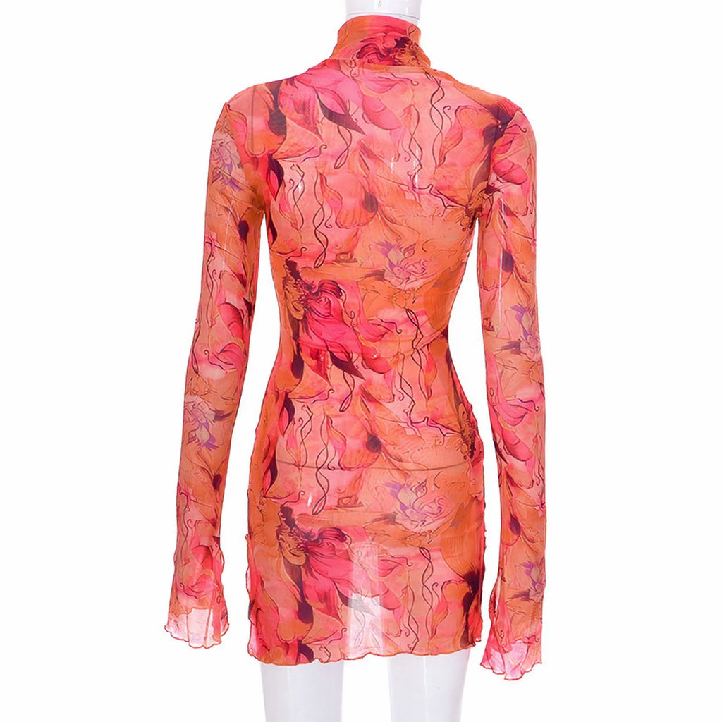 Mesh Printed Vintage Bodycon Dress