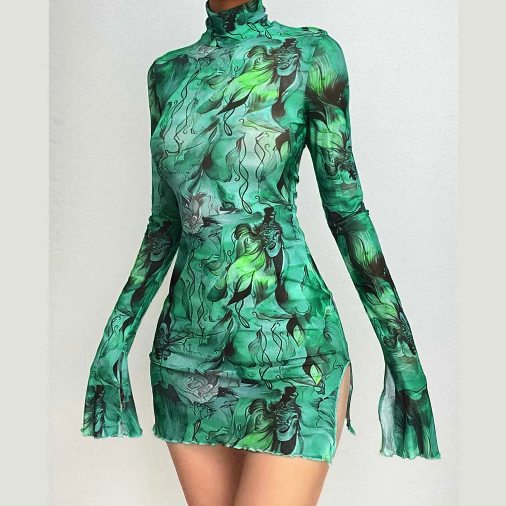 Mesh Printed Vintage Bodycon Dress