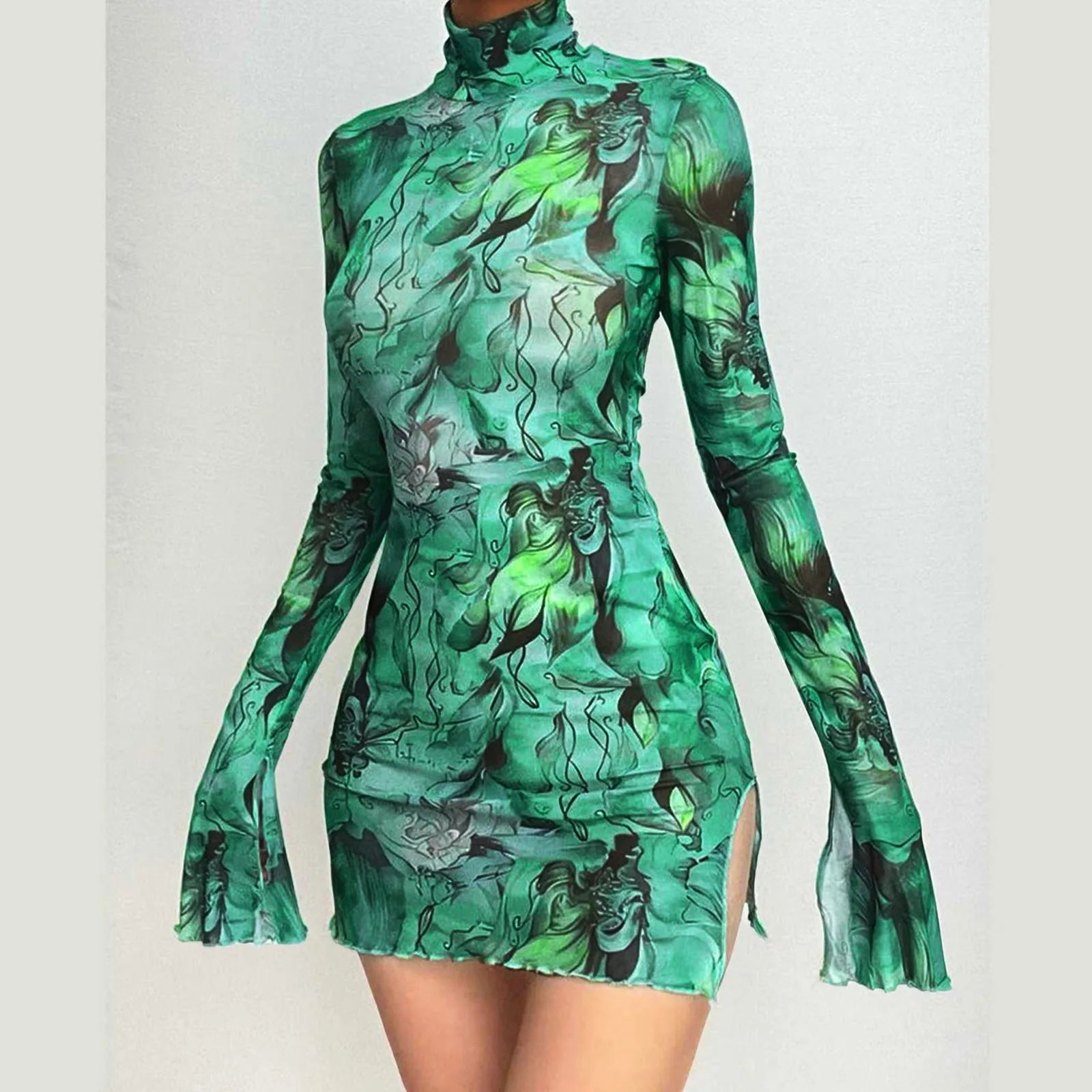 Mesh Printed Vintage Bodycon Dress