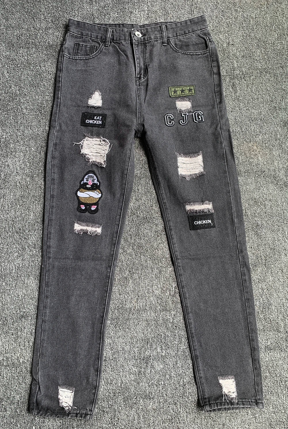 White Embroidery Skinny Ripped Jeans