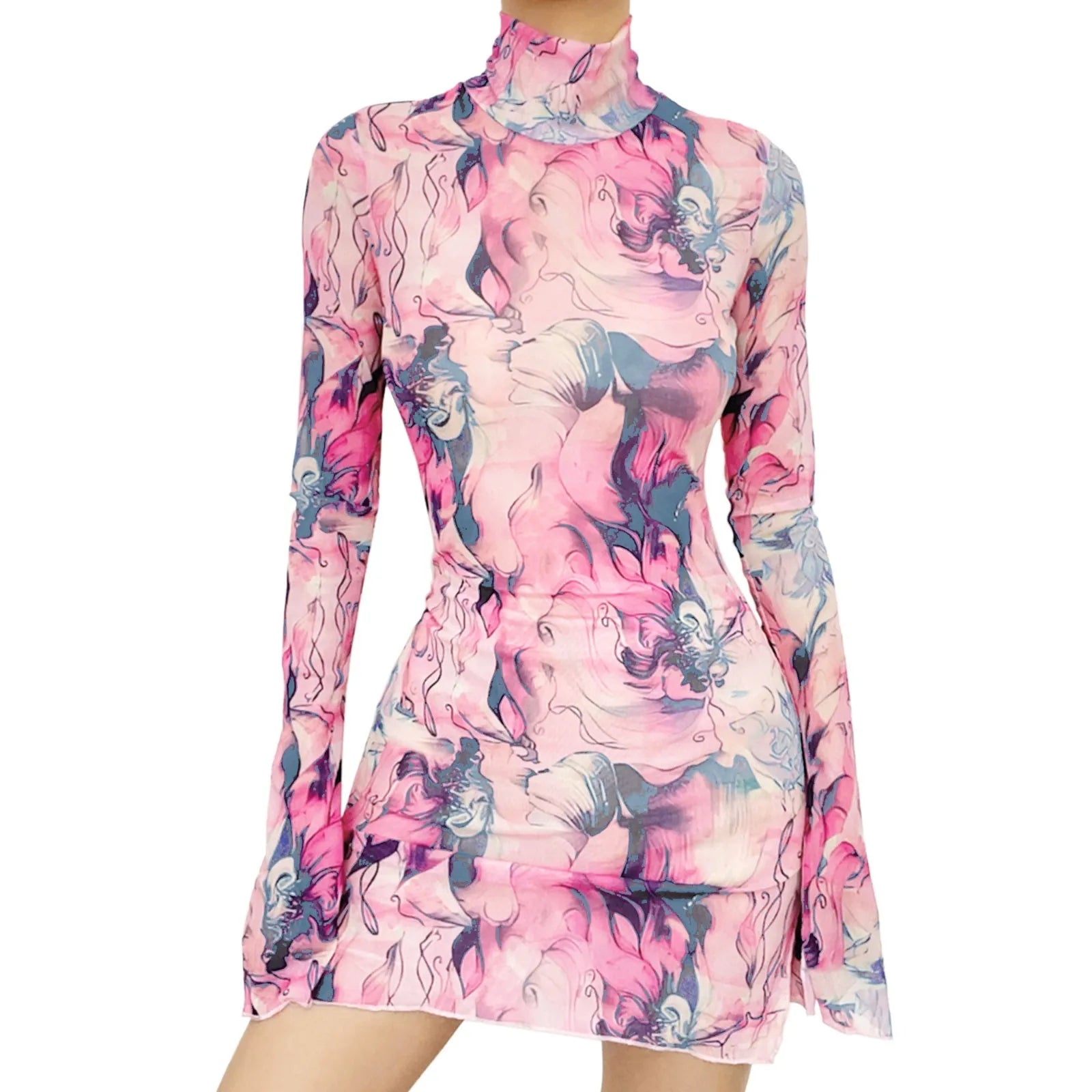 Mesh Printed Vintage Bodycon Dress