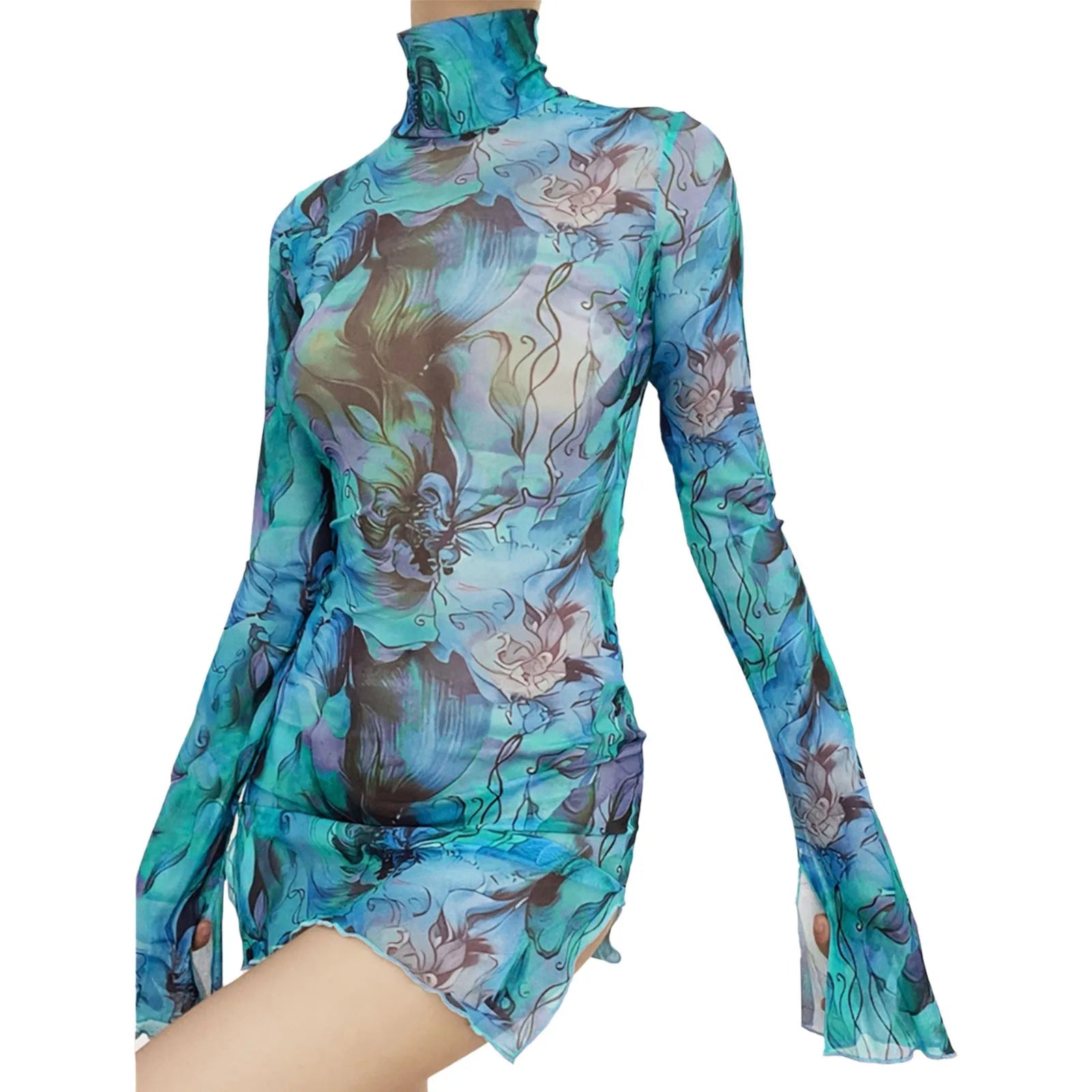 Mesh Printed Vintage Bodycon Dress