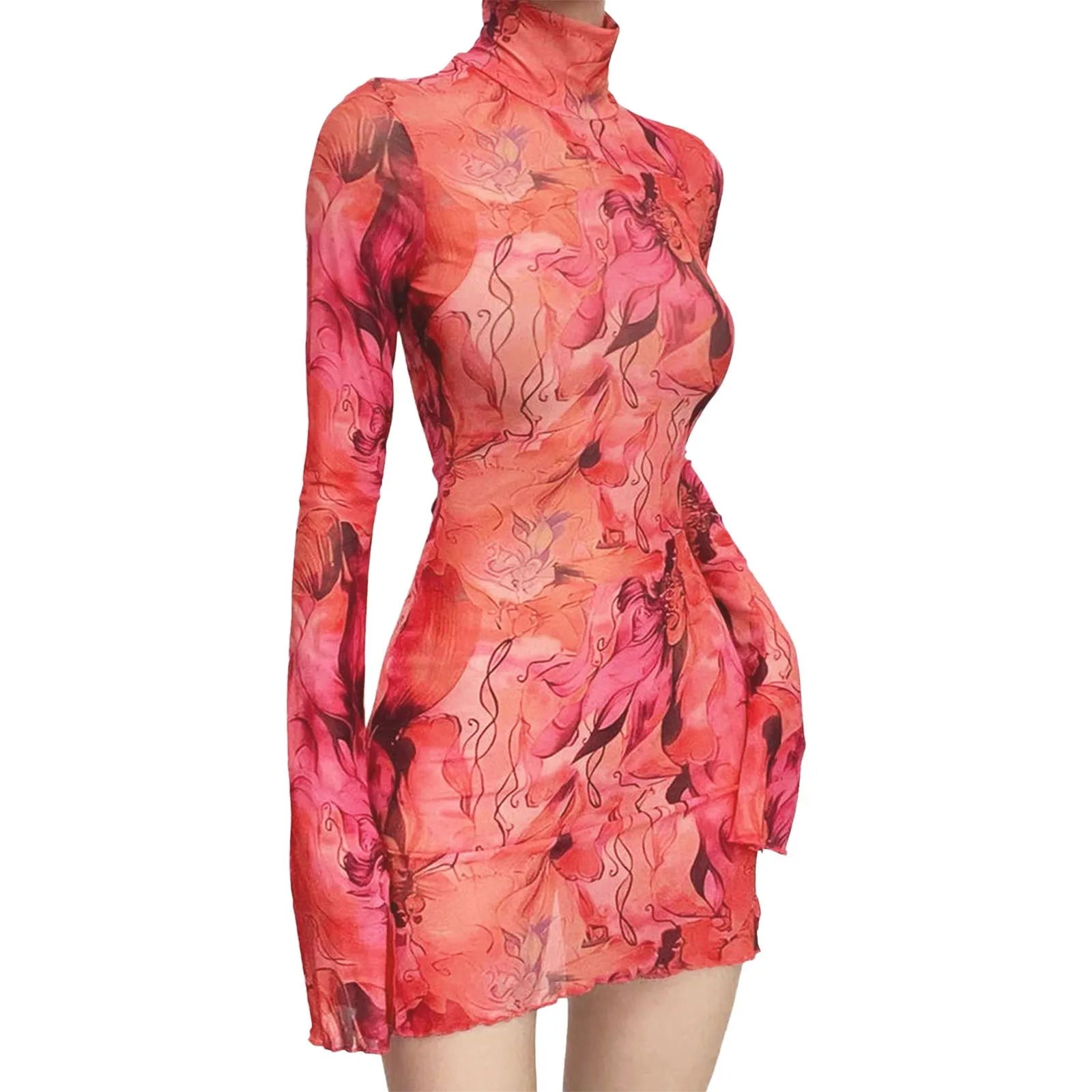 Mesh Printed Vintage Bodycon Dress